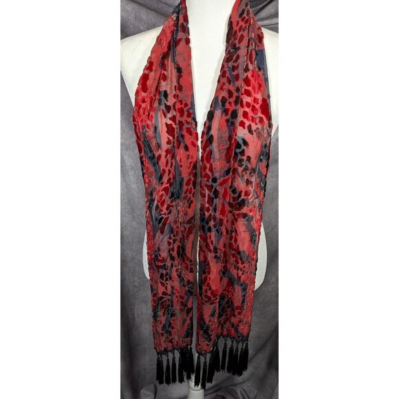 Gothic Red And Black Abstract Velvet Burnout Beaded Fringe Scarf - Picture 3 of 8